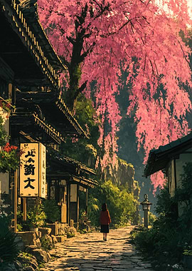 Girl walks down a cherry blossom path