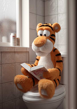 Tiger Reading a Book on Toilet