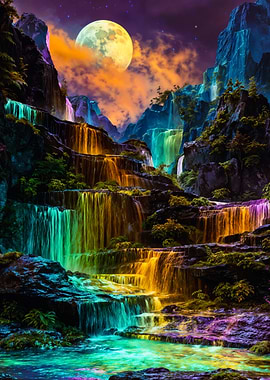 Neon Fantasy Waterfall Under Moon
