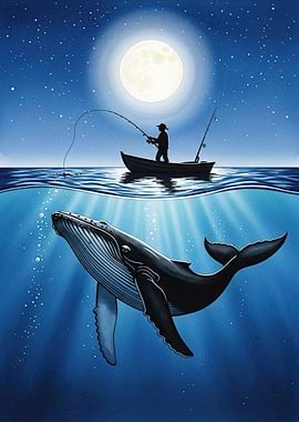 Fisherman and Whale Under the Moon