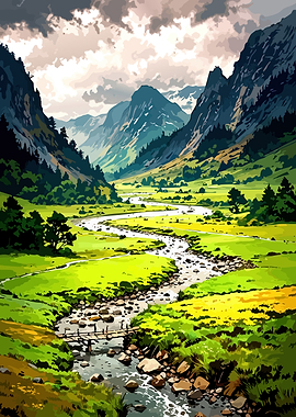 Serene Mountain Valley with Winding River