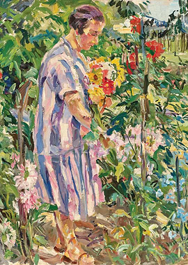 Woman in Garden with Flowers