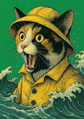 Cat in a yellow raincoat in the sea