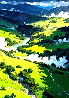 Vibrant Valley Landscape with River