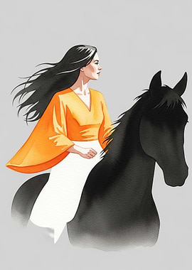 Woman Riding a Black Horse