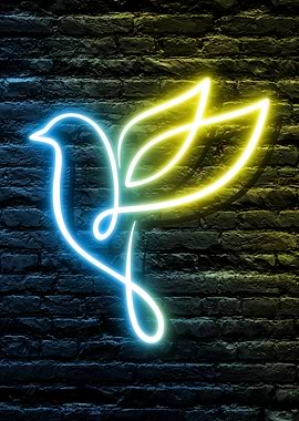Neon Dove Bird of Peace, Faith on a dark Brick Wall background