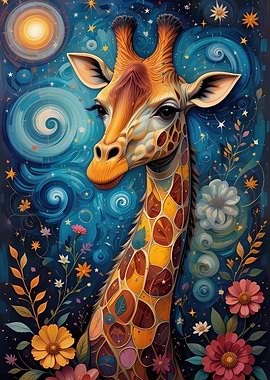 Whimsical Giraffe in a Starry Night
