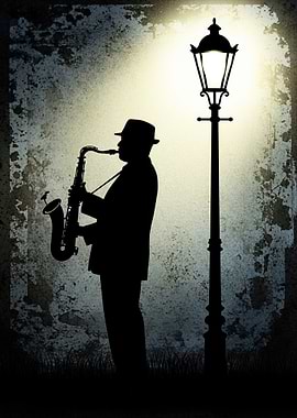 Saxophonist under a lamppost