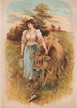 Woman with Cow in a Field