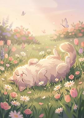 Fluffy Cat Napping in Spring Flower Meadow