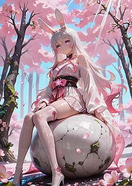 Anime Bunny Girl in Cherry Blossom Forest