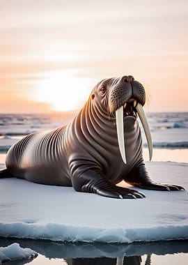 Walrus on Ice Floe at Sunset