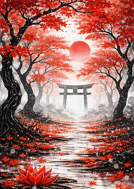 Japanese Torii Gate in Autumn Forest