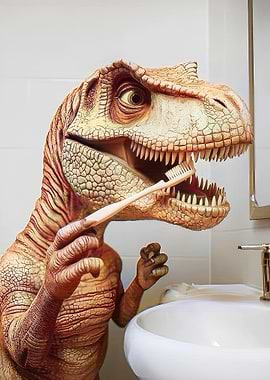 Dinosaur Brushing Teeth in Bathroom