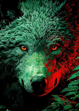 Green and Red Wolf Portrait