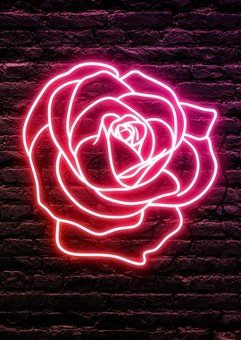Neon Red Pink Rose on a dark Brick Wall background