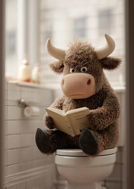 Plush Bull Reading on Toilet