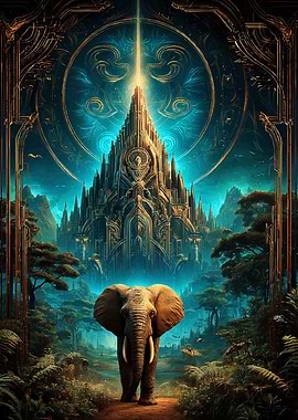 Elephant before a fantasy city