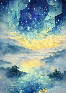 Stained Glass Galaxy Over Misty Mountains