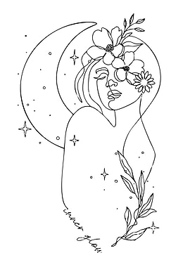 Line Art Woman with Flowers and Moon