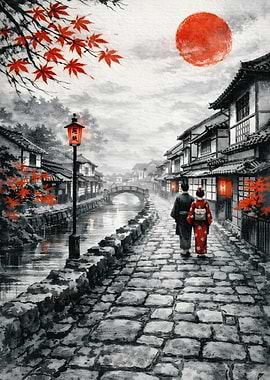 Couple in Kimonos Walking by Canal