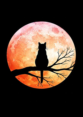 Black Cat Silhouette on Tree Branch Moon