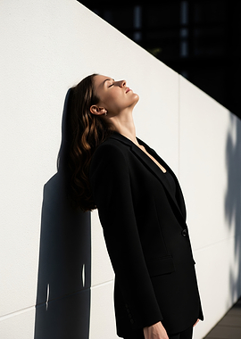 Woman in black suit leaning against wall
