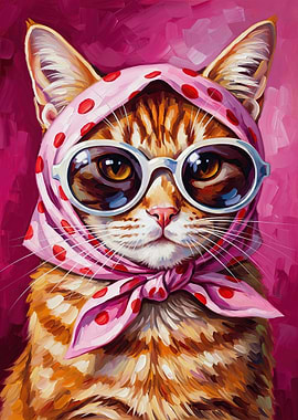 Glamorous Cat Wearing Scarf and Sunglasses
