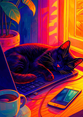 Black Cat Sleeping on Laptop