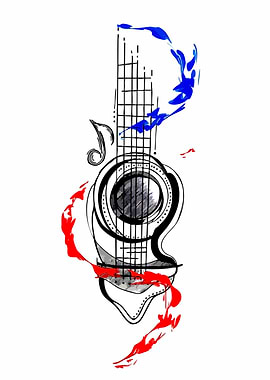Abstract Guitar with Red and Blue Splashes