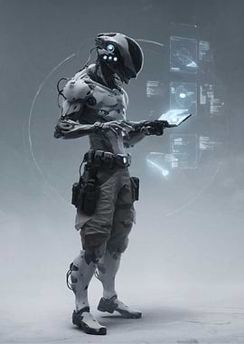 Futuristic Robot Interacting with Holographic Interface