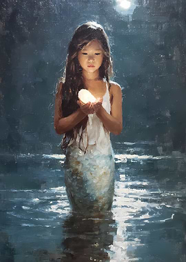 Mermaid Girl Holding Glowing Pearl