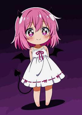 Chibi Demon Girl in White Dress