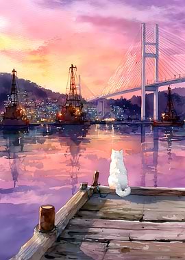 Cat on a pier at sunset