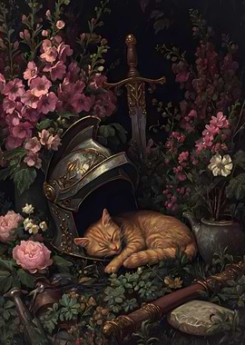 Sleeping Cat in Knight's Helmet
