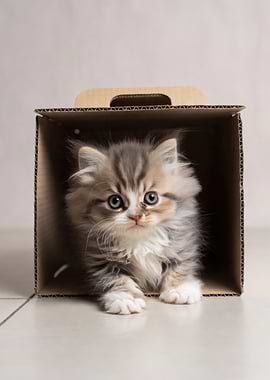 Fluffy Kitten in a Cardboard Box