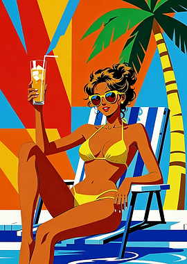 Woman in Bikini with Drink by Pool