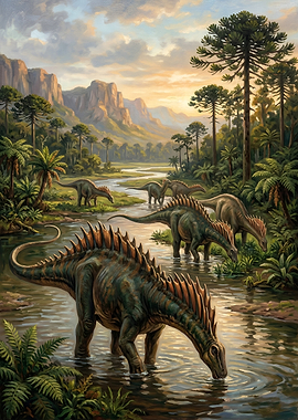 Dinosaurs drinking water in a prehistoric landscape