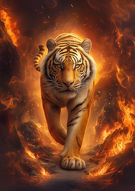 Tiger Walking Through Fire
