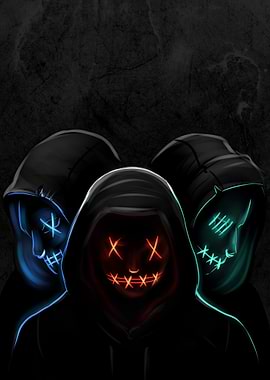 Three masked figures in hoodies