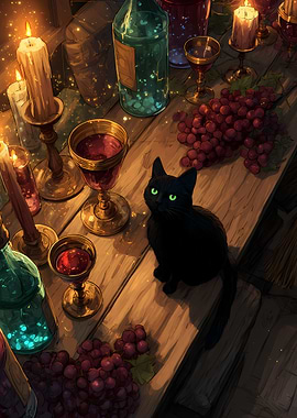 Black cat on a wooden table with wine and grapes