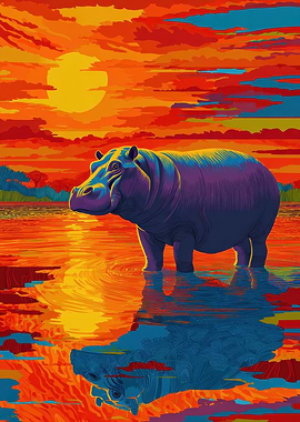 Hippo in a vibrant sunset river