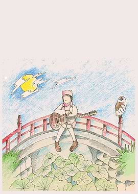 Child playing guitar on a bridge with an owl