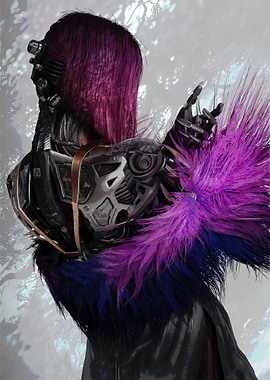 Cyberpunk character with purple hair and mechanical arm