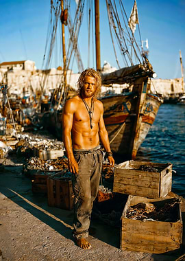 Rugged Blond Fisherman At Harbor