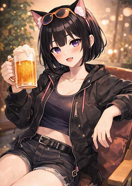 Anime Girl with Beer and Cat Ears