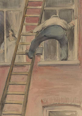 Man climbing ladder to window