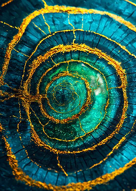 Teal Gold Cracked Tree Rings