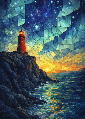 Stained Glass Lighthouse at Sunset