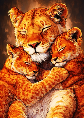 Great Art Lion Mother Hugging Cubs